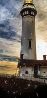 Lighthouse against a golden sunset sky with scattered clouds.