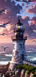 Lighthouse at sunset with seagulls flying.