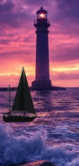 Lighthouse at sunset with sailing boat on ocean waves.