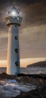 Lighthouse at sunset with seagulls flying.