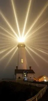 A majestic lighthouse emitting radiant beams in a foggy night sky.