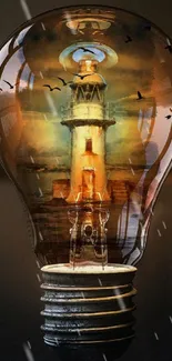 Fantasy wallpaper with a lighthouse in a light bulb, set against a dark background.