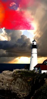 Lighthouse with colorful evening sky and clouds in art style.