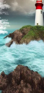 Lighthouse on rocky cliff with crashing ocean waves.