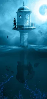 Fantasy ocean scene with a lighthouse under a moonlit sky.