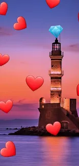 Lighthouse with hearts at sunset, serene and romantic mobile wallpaper.