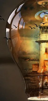 Surreal image of lighthouse inside a lightbulb on a dark background.