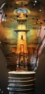 Surreal wallpaper of a lighthouse inside a lightbulb, depicting creativity and fantasy.