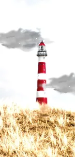 Mobile wallpaper of a lighthouse in a grassy field with a cloudy sky.