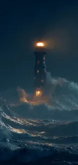 Lighthouse standing strong against stormy waves at night.