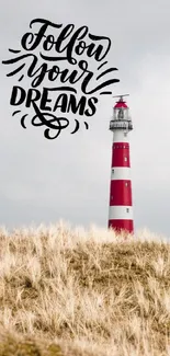 Lighthouse wallpaper with 'Follow Your Dreams' text in a serene, cloudy setting.