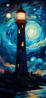 Artistic lighthouse with swirling night sky and stars.