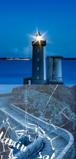 Majestic lighthouse on rocky shore at night with vibrant blue ocean and sky.