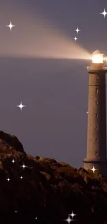 Lighthouse illuminating night sky over rocky cliffs.