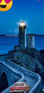 Scenic lighthouse and classic car at night, with vibrant blue ocean backdrop.