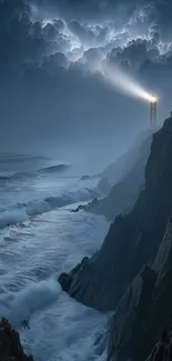 Lighthouse illuminating stormy night along a rocky coast.