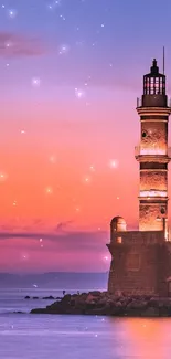 Lighthouse at sunset with starry sky, vivid colors on a mobile wallpaper.