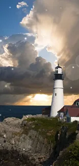 Tranquil lighthouse surrounded by dramatic sunset skies and ocean view.