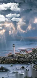 Lighthouse with dramatic clouds and ocean view.