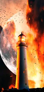 Lighthouse with background of fiery sky and moon, surrounded by flying birds.