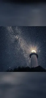 Lighthouse under a starry night sky with glowing beacon.