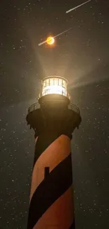 Lighthouse illuminated under a starry night with a glowing moon above.