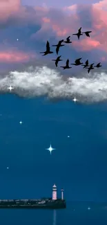 Mobile wallpaper of a lighthouse with birds in a starry twilight sky.