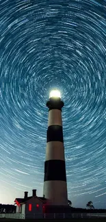 Lighthouse with swirling star trails at night.