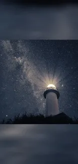 Lighthouse illuminated against a starry night sky, creating a serene and cosmic scene.