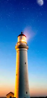 Lighthouse under a starry sky with a visible crescent moon.