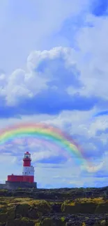 Lighthouse with a rainbow under a bright cloudy sky.