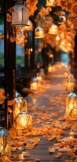 Magical lantern-lit path with autumn leaves.