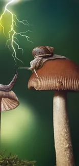 Enchanting lightning strikes near mushrooms and a snail on a green forest backdrop.