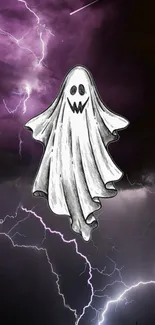 Spooky ghost with lightning in dark sky wallpaper.