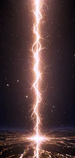 Vertical lightning bolt against a dark night sky.