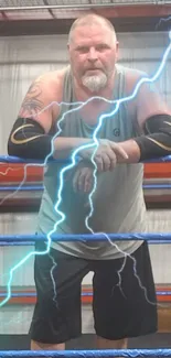 Boxer in gym with dynamic lightning effect on wallpaper.