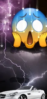 Dynamic wallpaper with lightning, car, and shocked emoji.