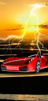 Vibrant sports car with lightning in a scenic sunset landscape.