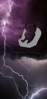 Cat seated in armchair as purple lightning flashes across a dark sky.