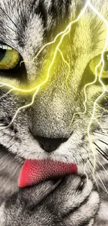 A cat with yellow eyes and lightning effect in artistic wallpaper.