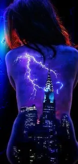 Electric blue lightning cityscape mobile wallpaper with vibrant neon glow.