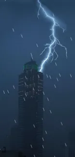 Lightning striking a skyscraper at night with a dark city background.