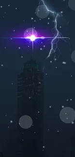 City skyline with lightning and neon starburst at night.