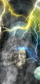 Wizard engulfed in lightning holding a glowing crystal ball.