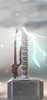 Wallpaper of a mythical hammer with lightning effects and stormy backdrop.