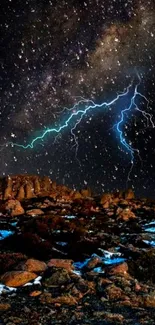 Starry night sky with bright lightning and rocky landscape wallpaper.