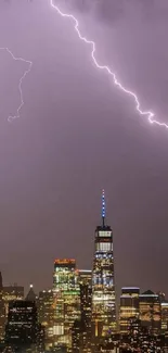 Lightning illuminates a city skyline at night, creating a striking visual scene.