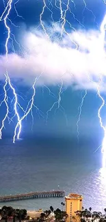 Dynamic mobile wallpaper of lightning striking over an ocean pier under a stormy sky.