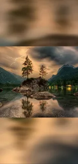 Lightning illuminates serene lake with dramatic clouds and mountains.