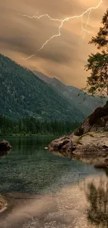 Lightning strike over a serene mountain lake with reflective water.